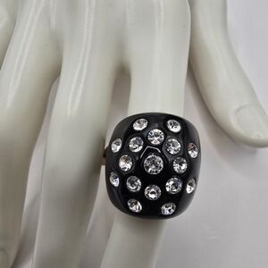 Vintage Black Lucite Clear Crystal Ring Size 6